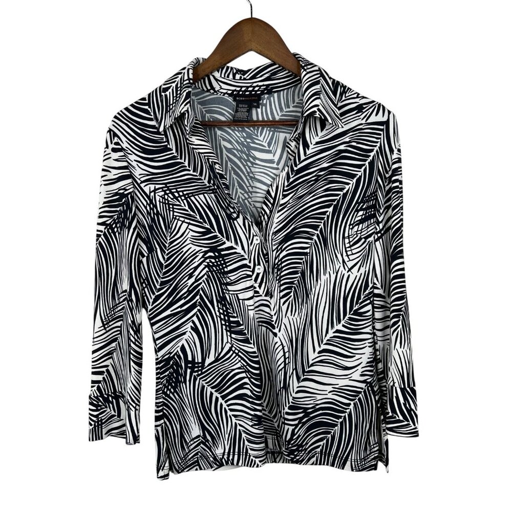 BCBGMAXAZRIA Black White‎ Palm Leaf 3/4 Sleeve Wrap Blouse M